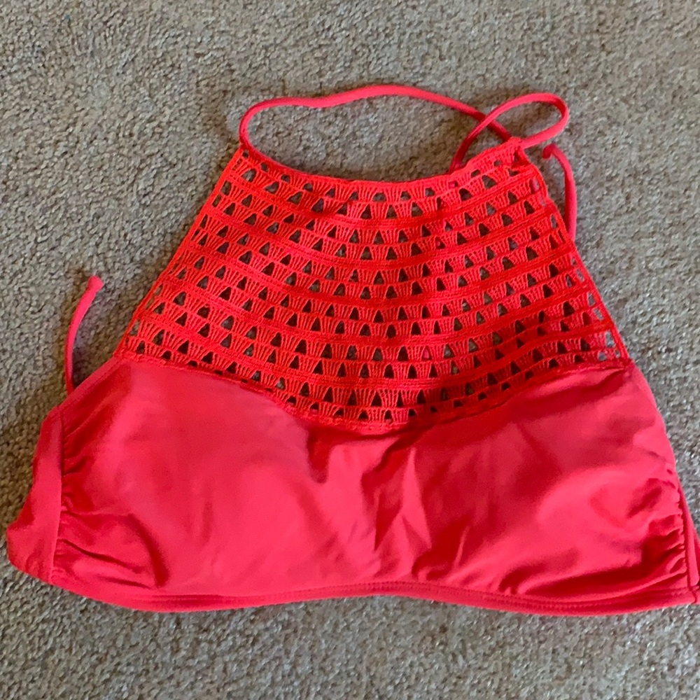 Bright coral high neck crochet bikini top
